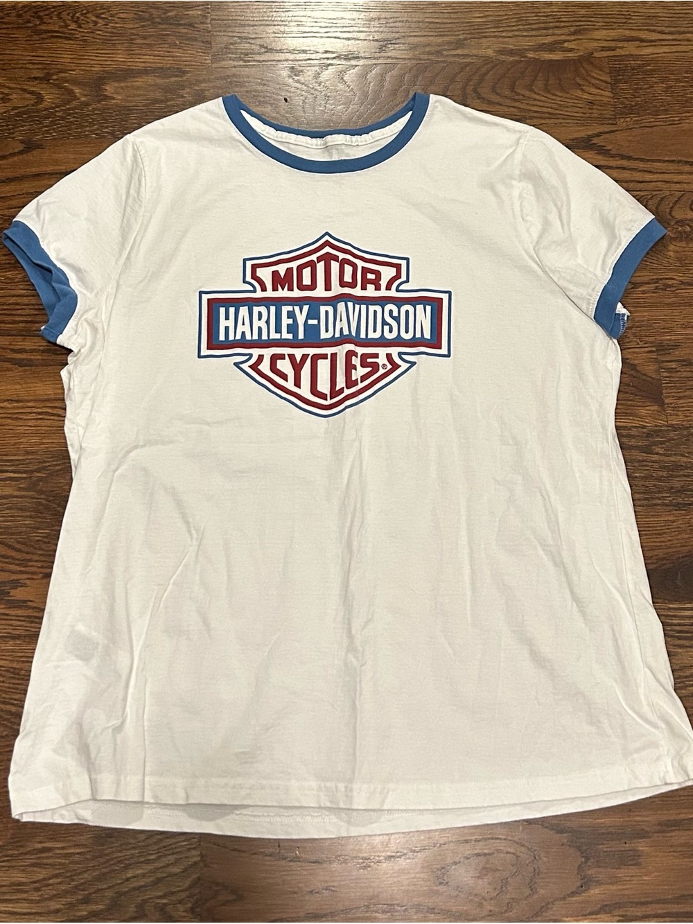 Harley-Davidson White Tee with Blue Trim and Red Logo
